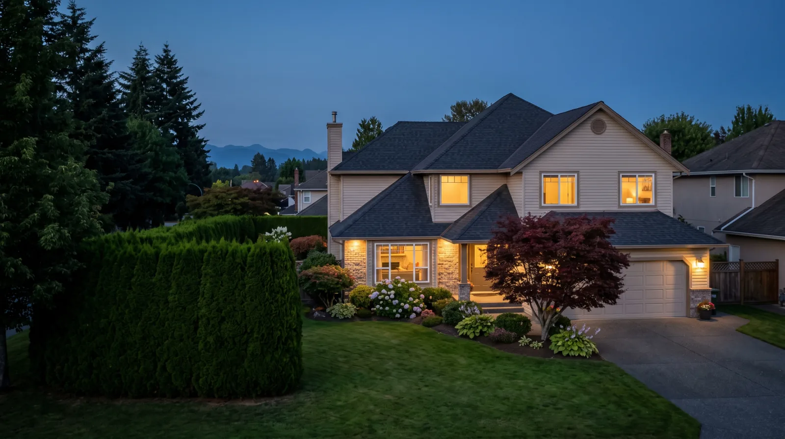 A two-storey family house at dusk with lit windows, a maple tree and a cedar hedge in the front yard